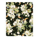 Floral pattern with white flowers and green leaves on a black background