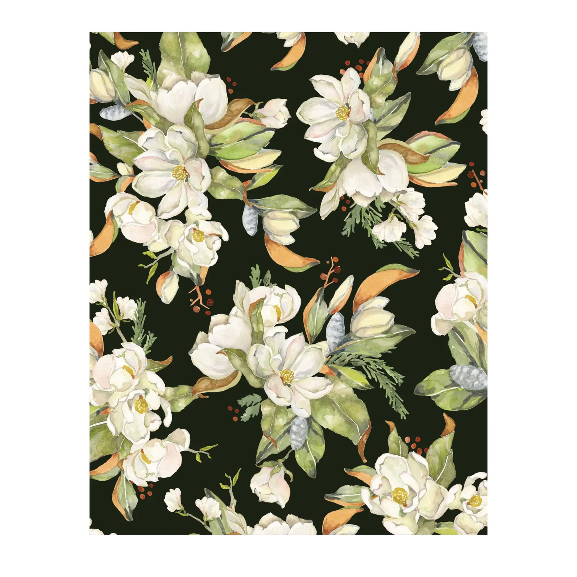 Floral pattern with white flowers and green leaves on a black background