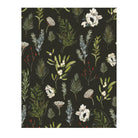 Pattern of green leaves and white flowers on a black background