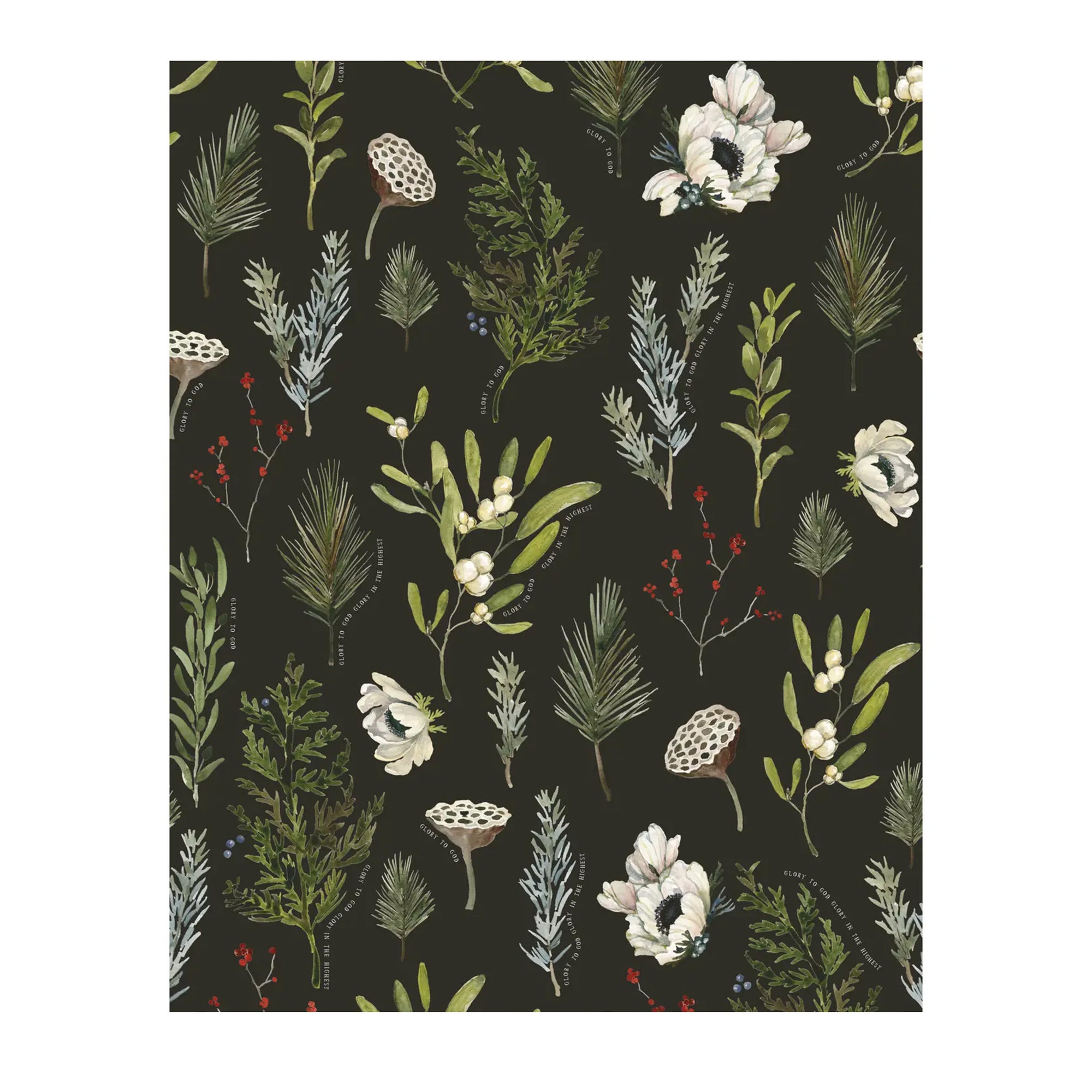 Pattern of green leaves and white flowers on a black background