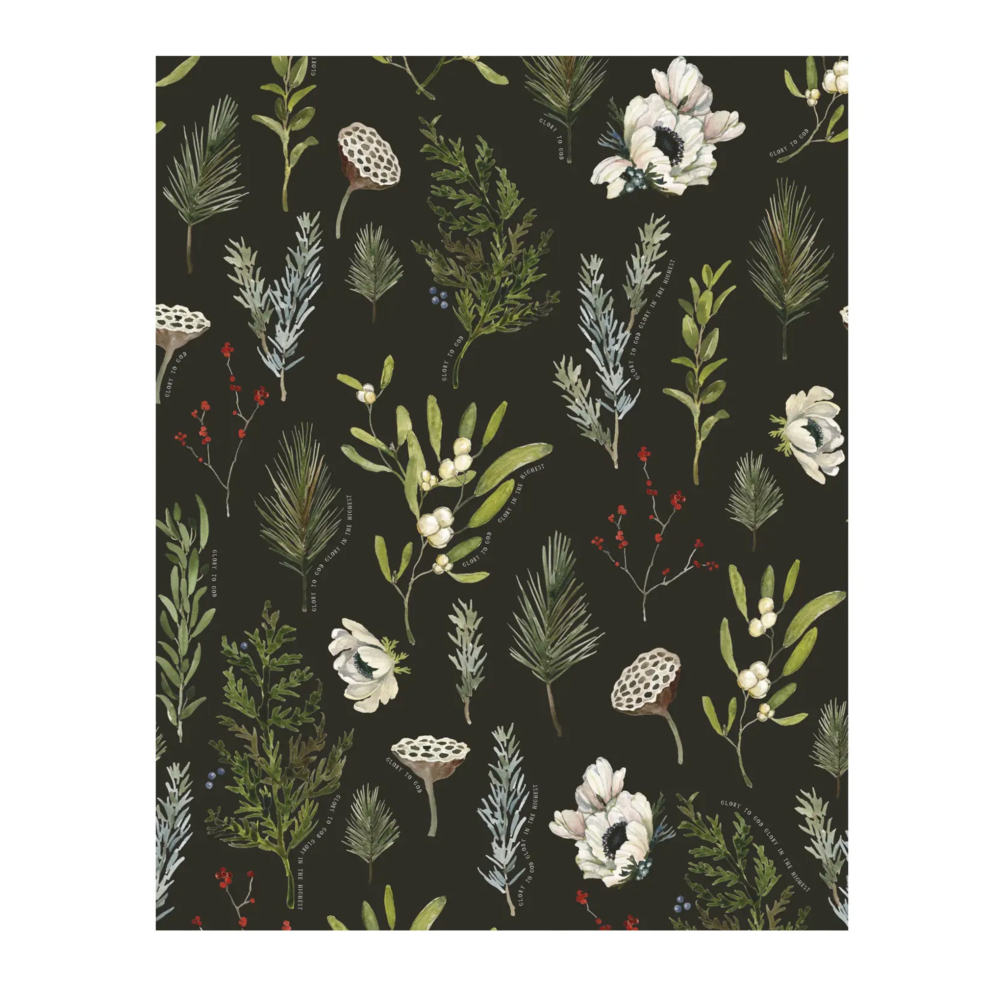 Pattern of green leaves and white flowers on a black background