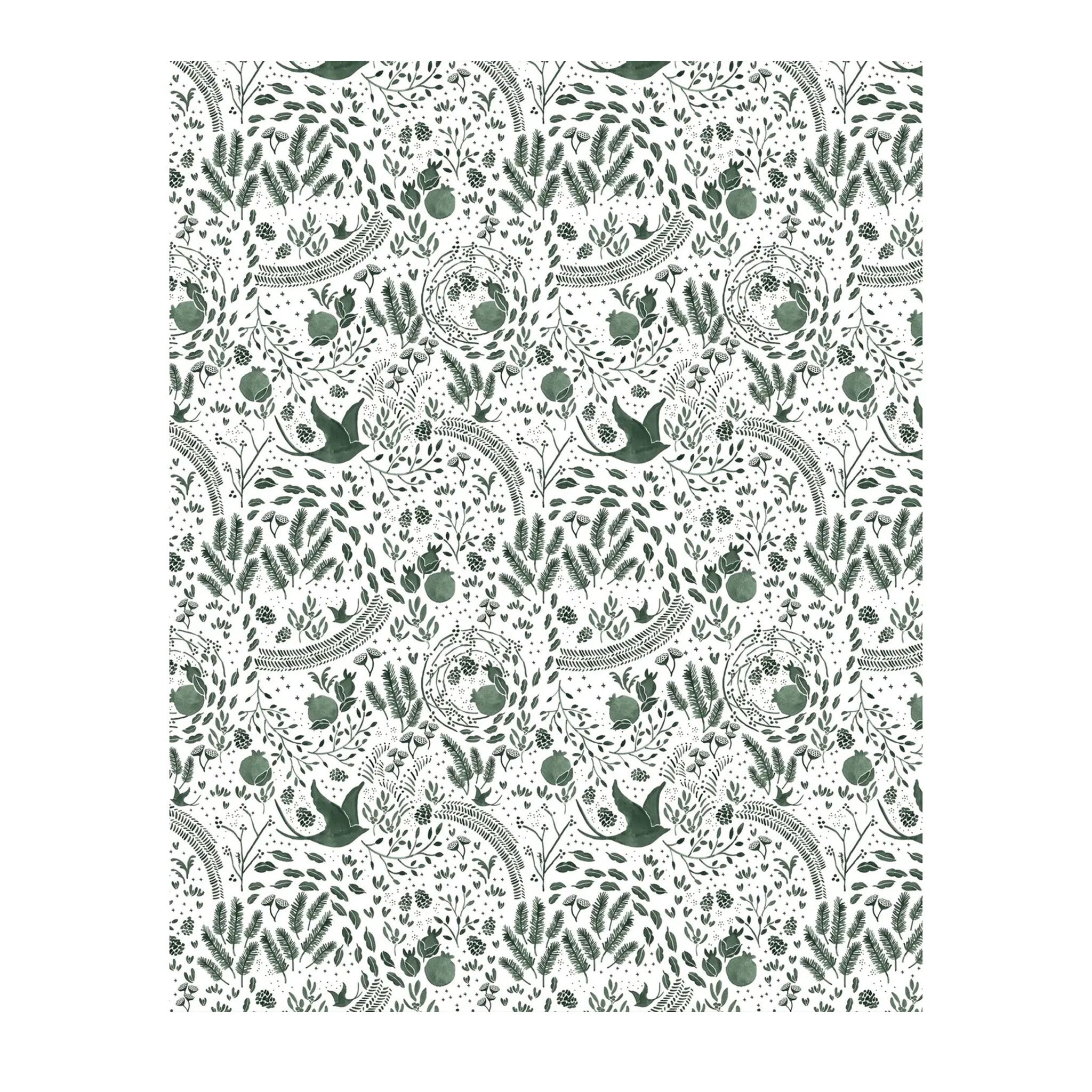 Patterned paper with green leaves and birds on a white background