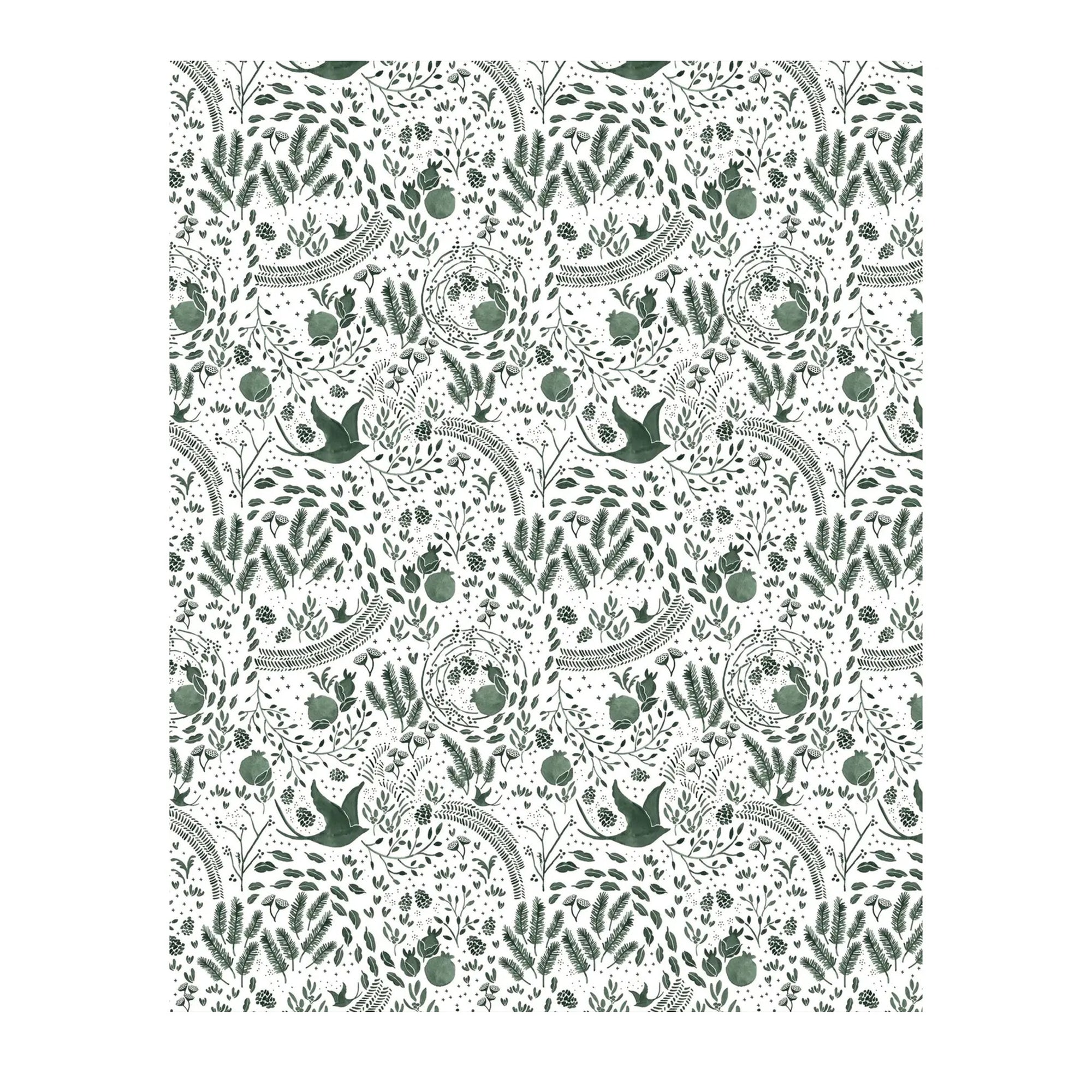 Patterned paper with green leaves and birds on a white background