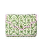 Green palm tree patterned laptop sleeve with pink trim on a white background