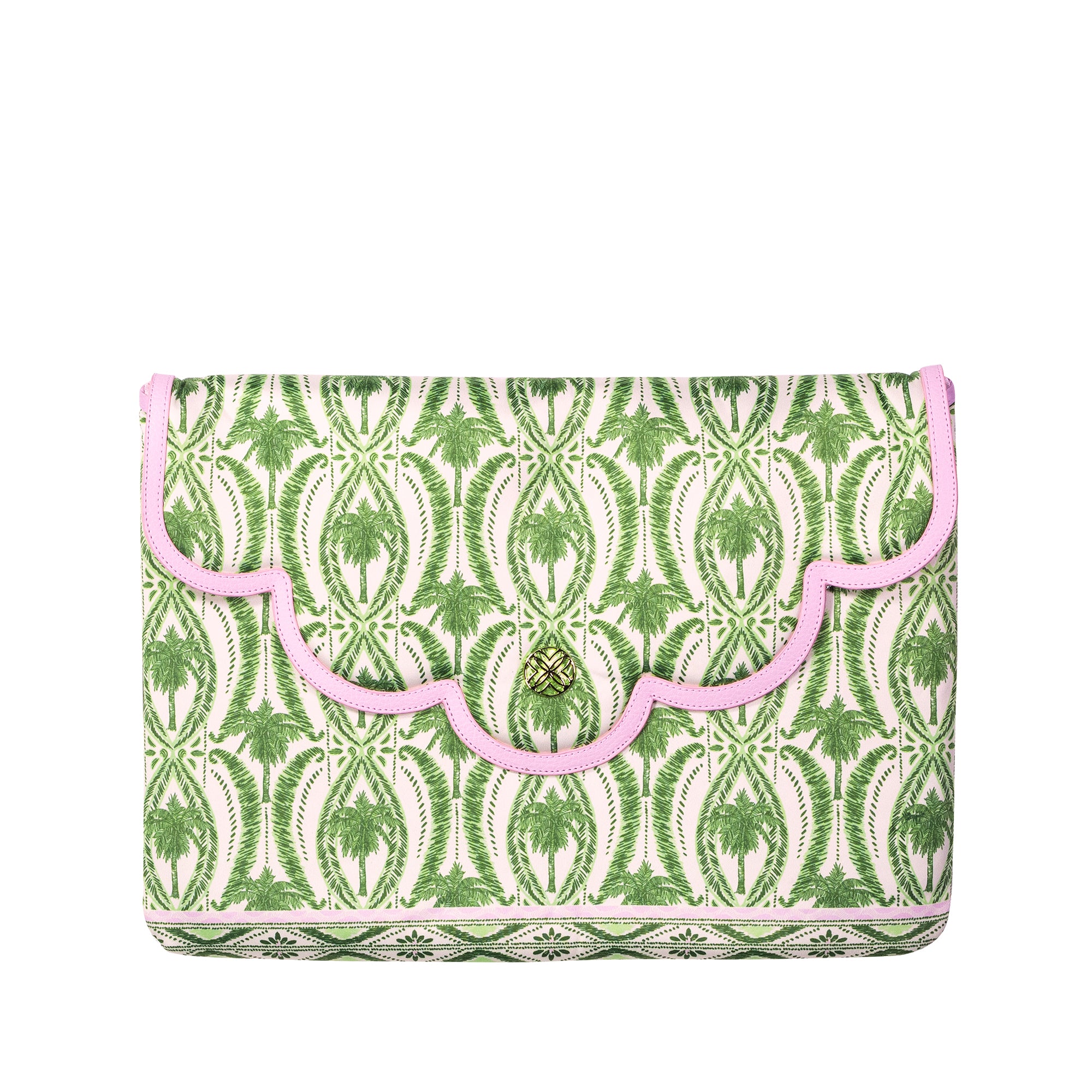 Green palm tree patterned laptop sleeve with pink trim on a white background
