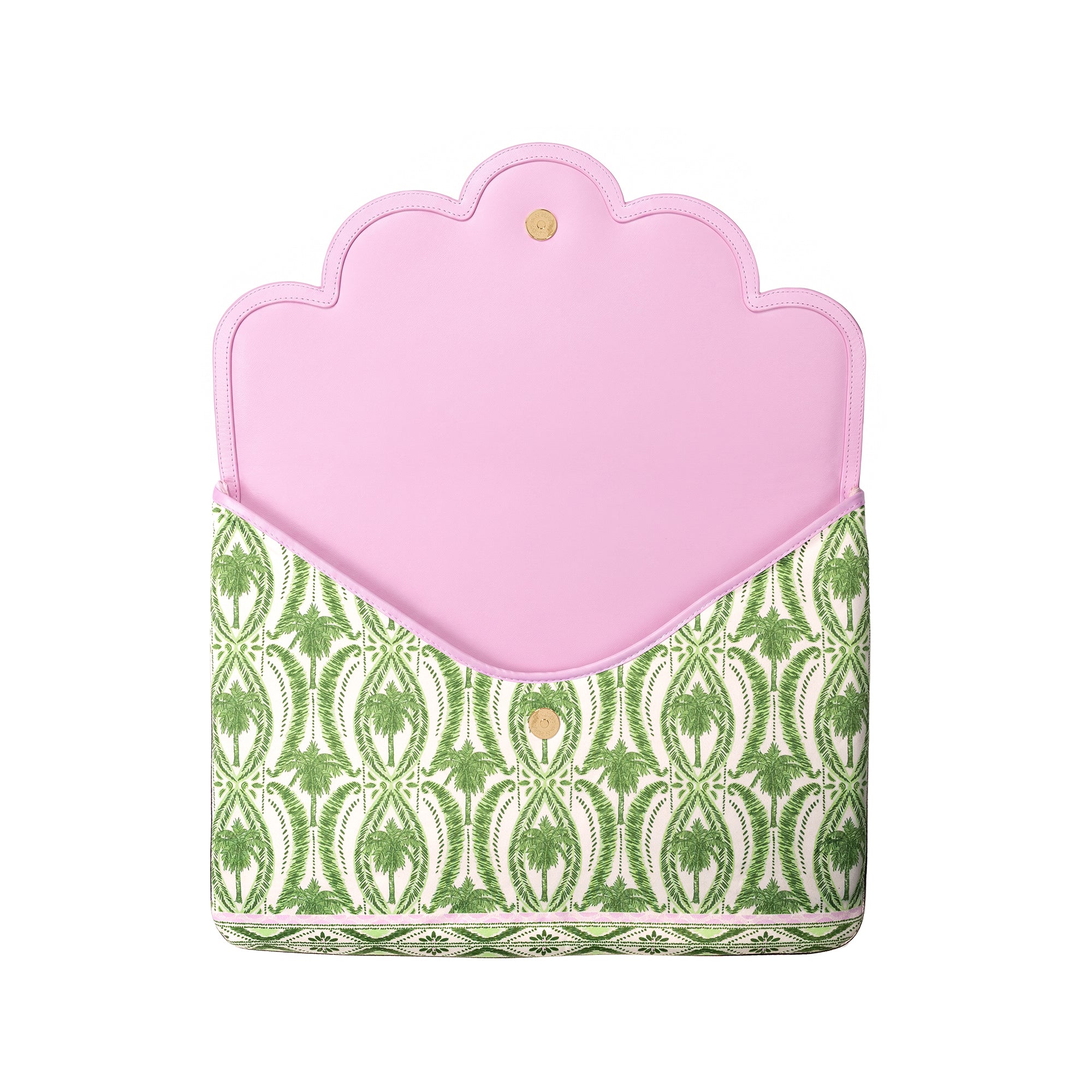A laptop sleeve featuring a light pink scalloped flap and a green and white damask patterned body, shown on a plain white background.
