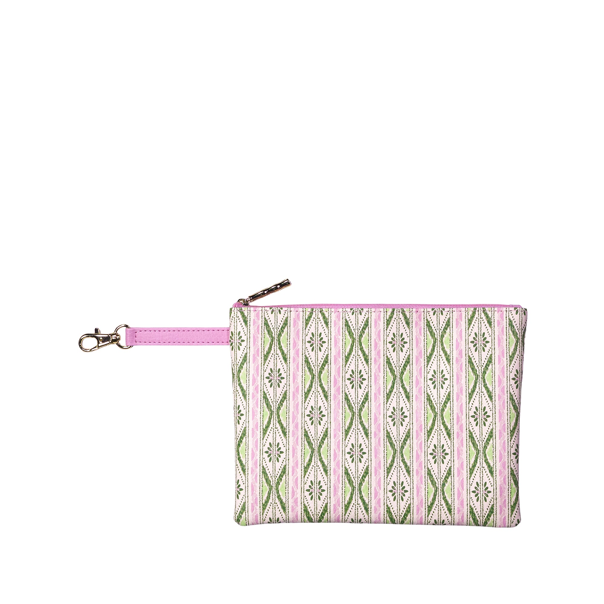 A small zippered pouch with a pink and green geometric pattern, featuring a pink wristlet strap and silver-tone hardware on a plain white background.
