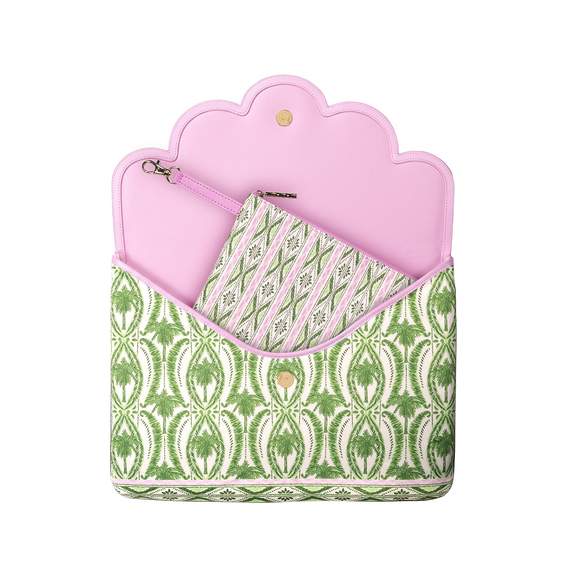 A pink and green patterned pouch with a scalloped pink top edge, shown open against a plain white background.