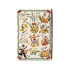Vase with a cream-colored cover decorated with a colorful folk-art illustration of folk dances, birds, a swan, and seasonal motifs, framed by a green leaf border.