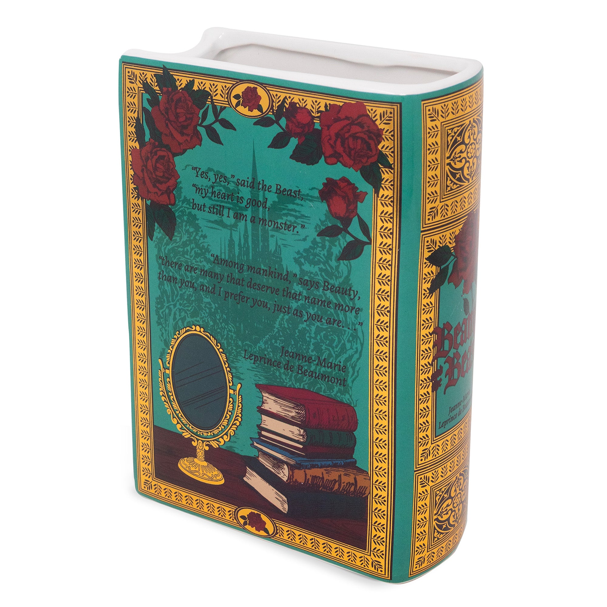 back view of teal beauty and the beast book shaped vase