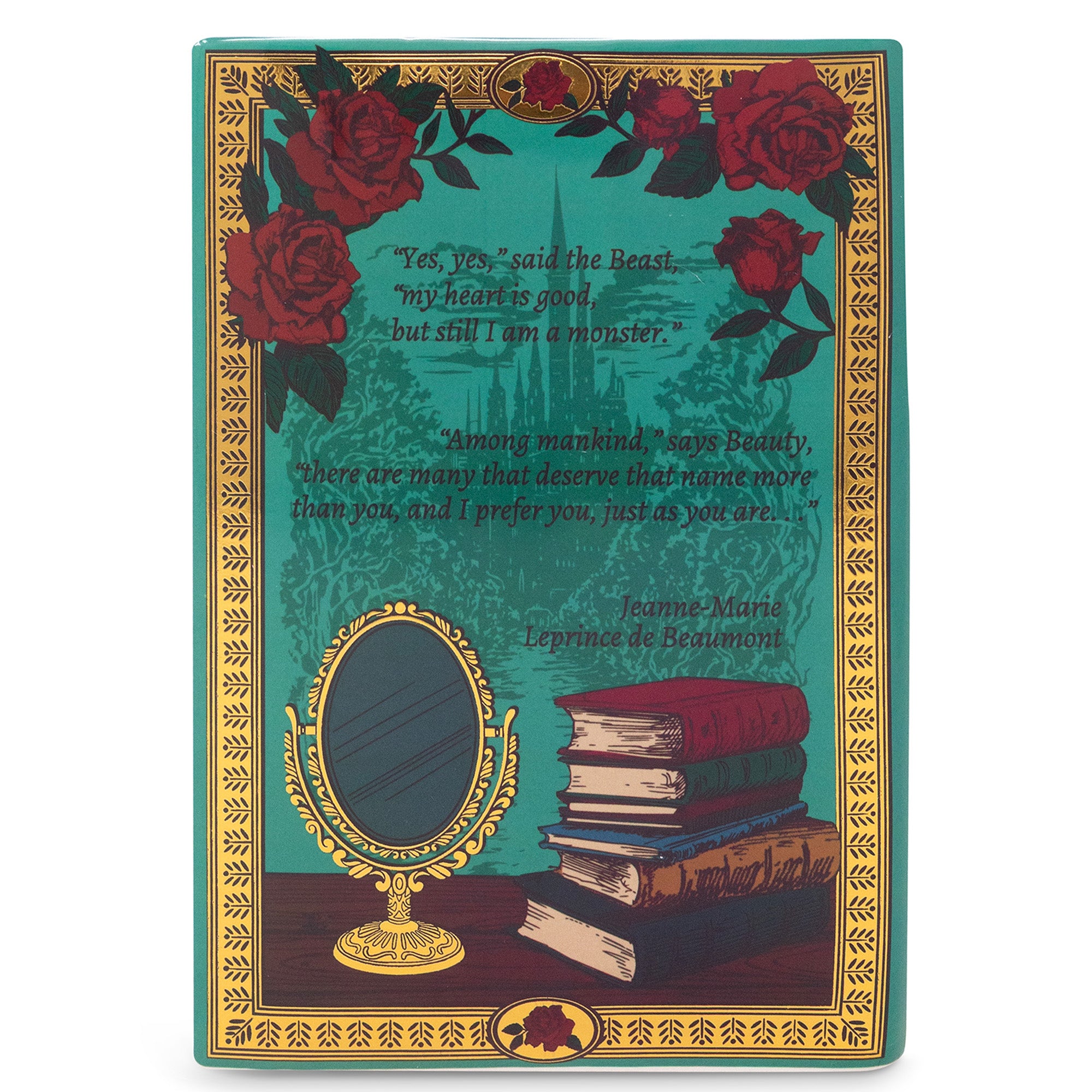 backview of teal beauty and the beast book shaped vase
