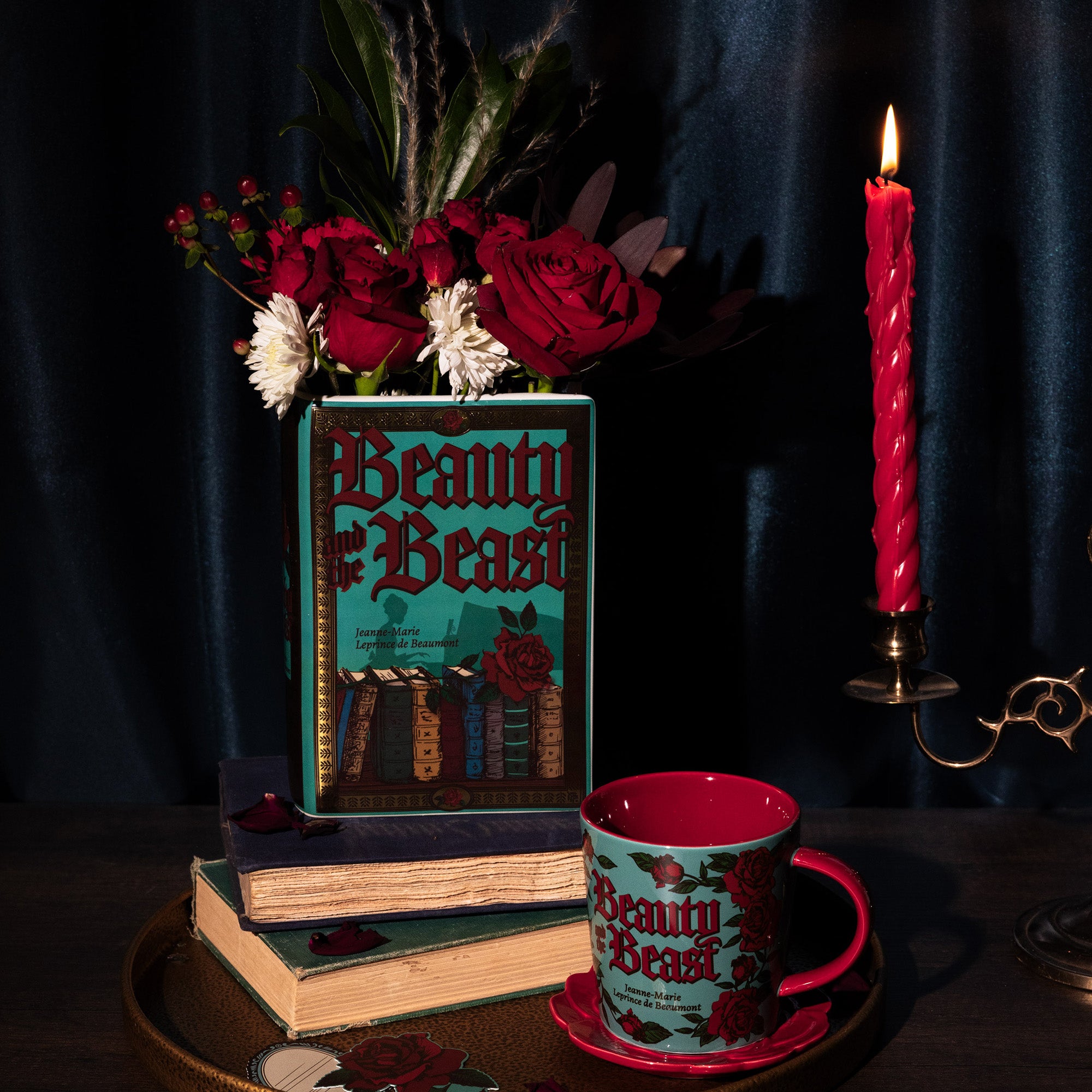 teal beauty and the beast book shaped vase and matching mug