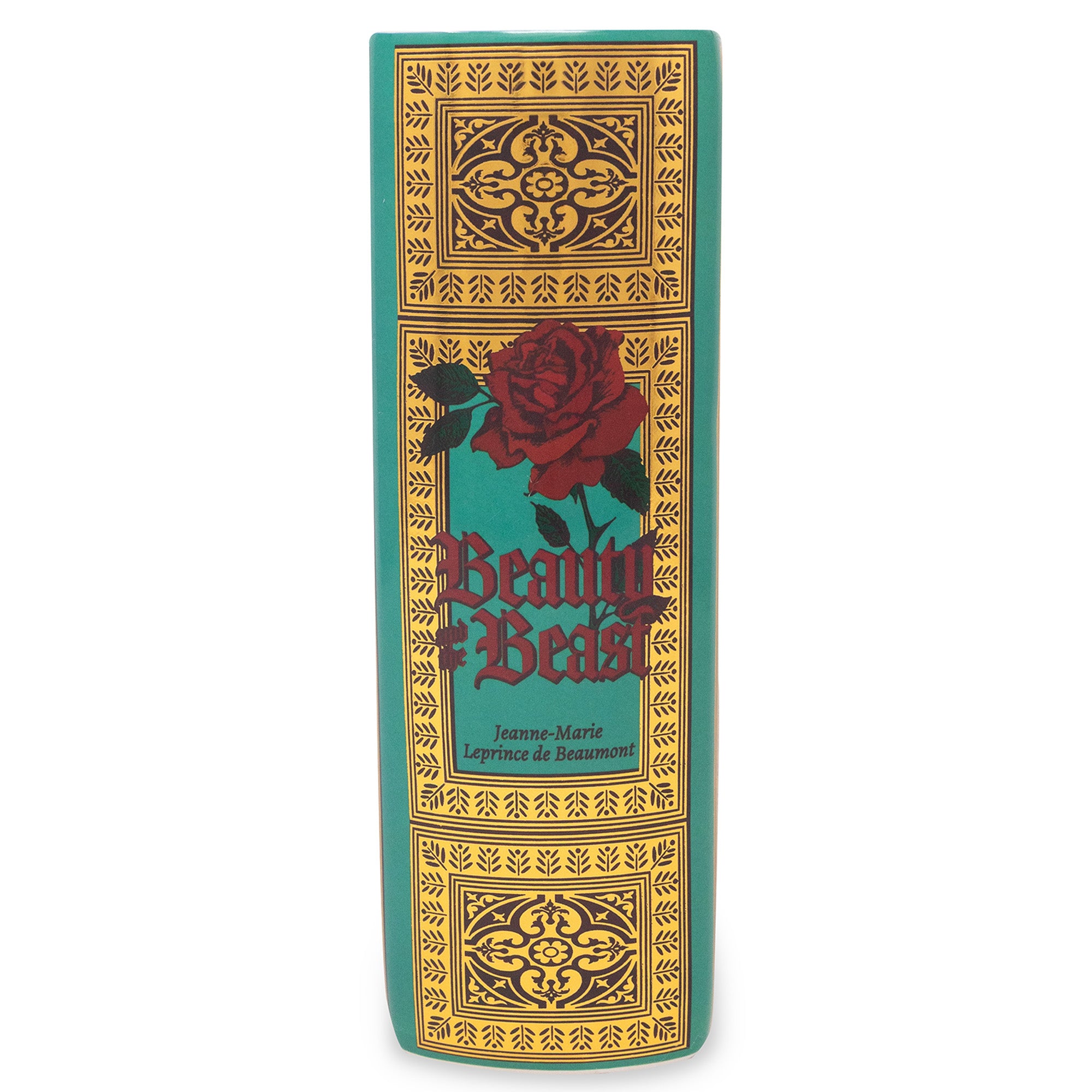 spine of teal beauty and the beast book shaped vase