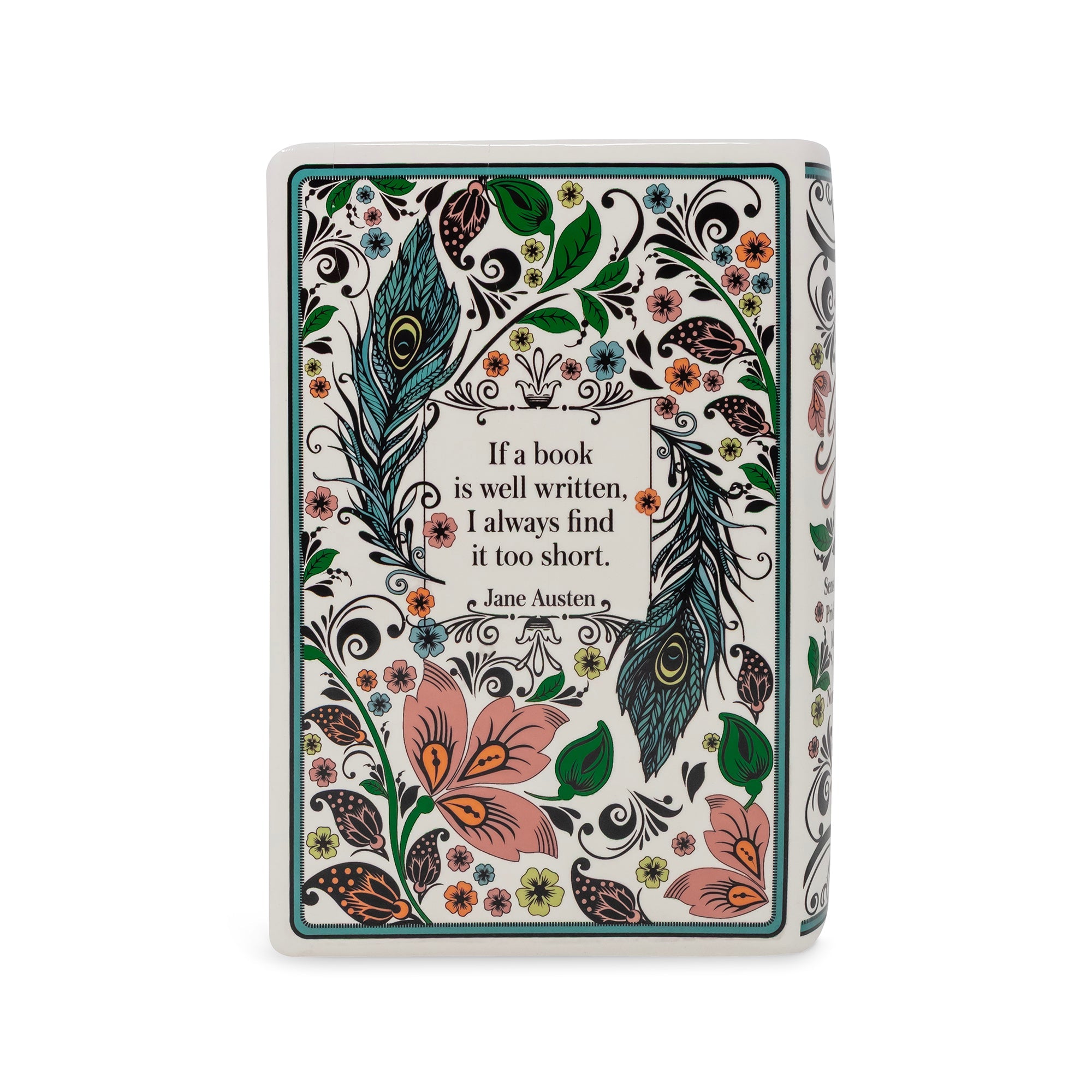 A decorative book vase shown upright on a white background, featuring an ornate floral and feather illustration with a quote from Jane Austen in the center.