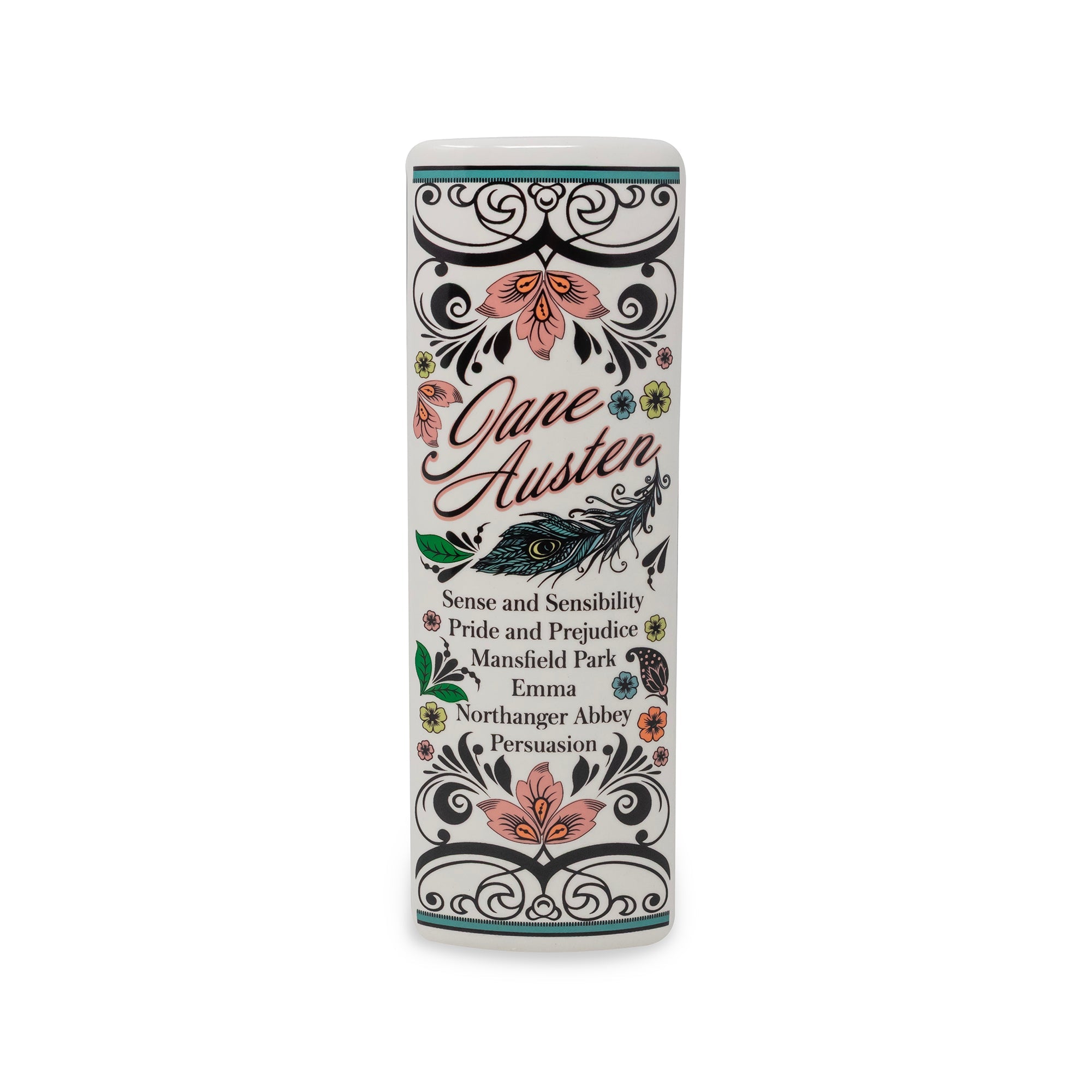 A tall, narrow decorative vase featuring a white background with black ornate scrollwork and floral illustrations, plus the text 'Jane Austen' and book titles from Pride and Prejudice and Sense and Sensibility.
