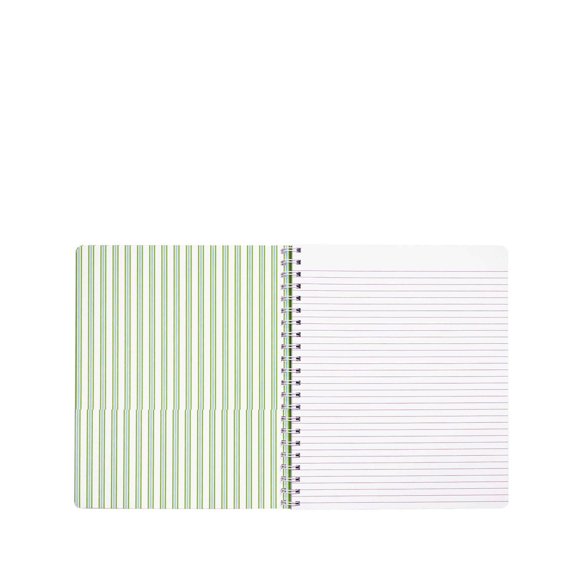 Notebook with green striped and plain white pages on a white background