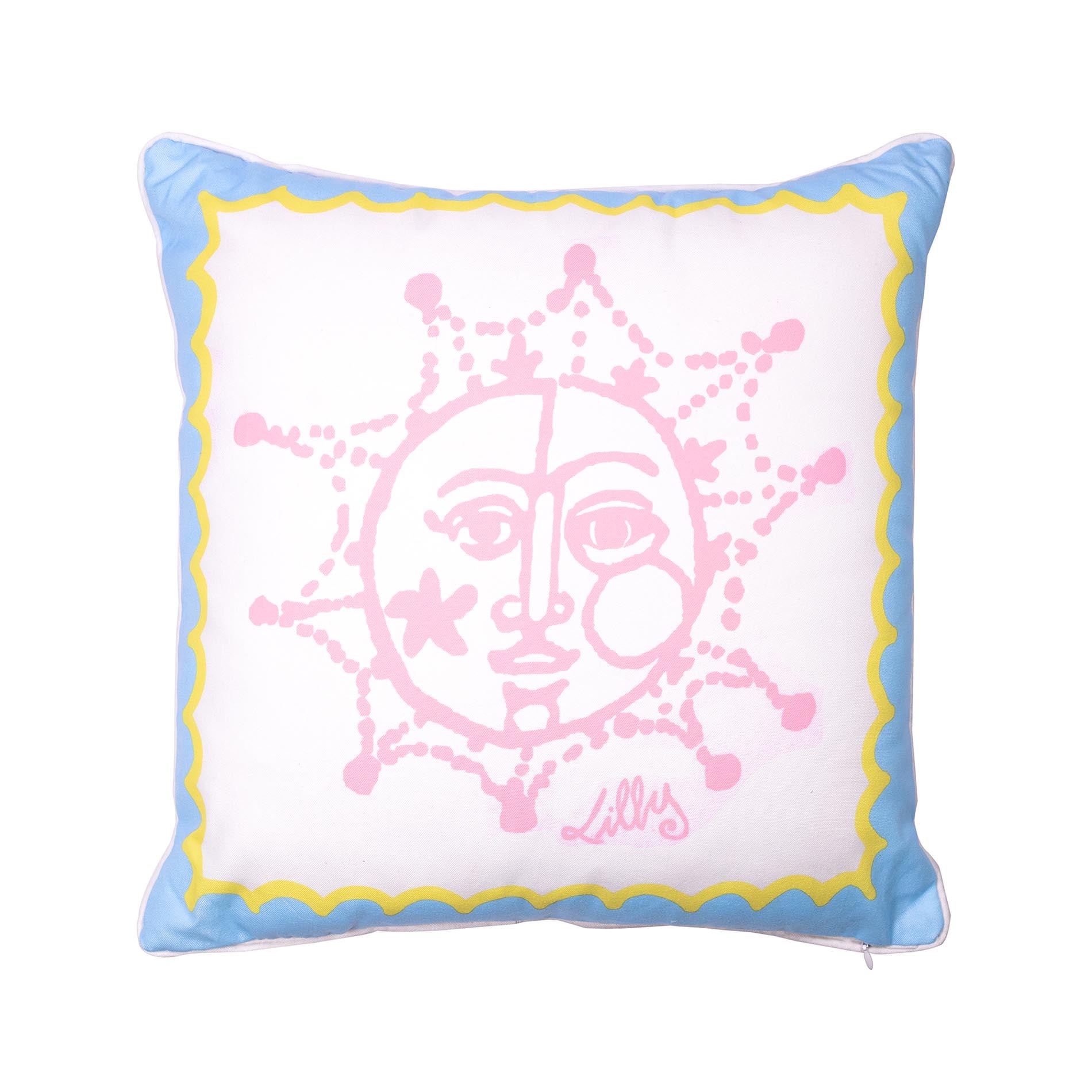 Decorative pillow with pink face design and blue border on a white background