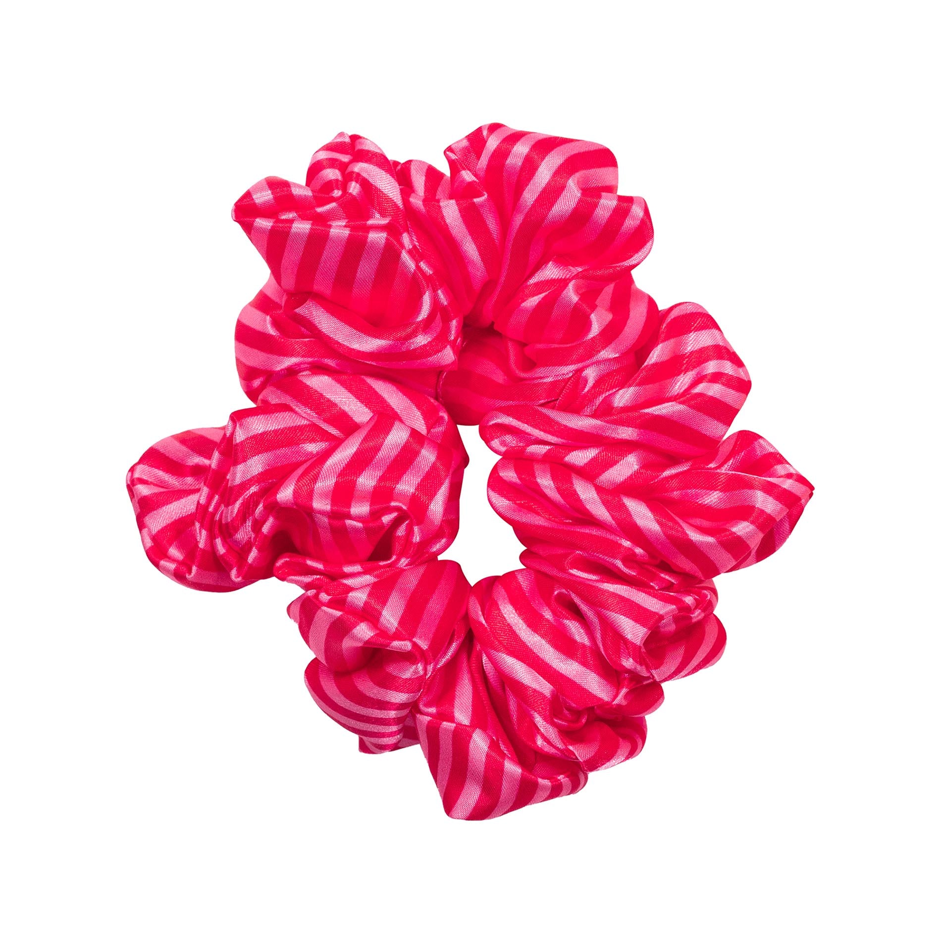 Pink and white striped scrunchie on a white background