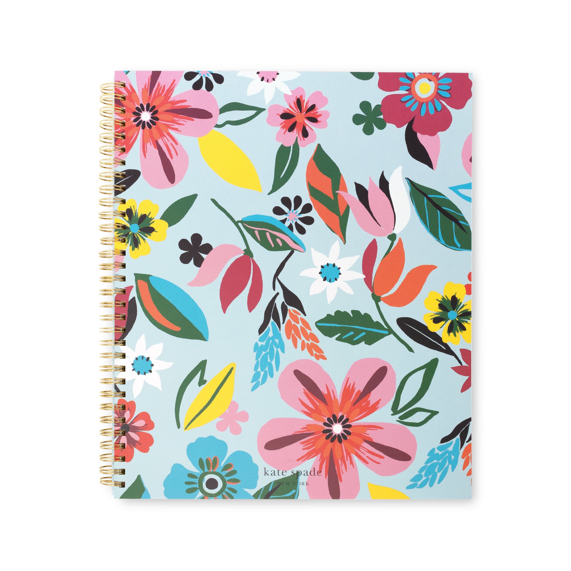A spiral-bound notebook with a light blue cover decorated with a colorful floral pattern, featuring a gold wire spiral binding on the left side.