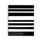 Kate Spade New York spiral notebook with a black and white striped cover, featuring a gold-tone spiral binding and the brand name printed in white at the bottom.