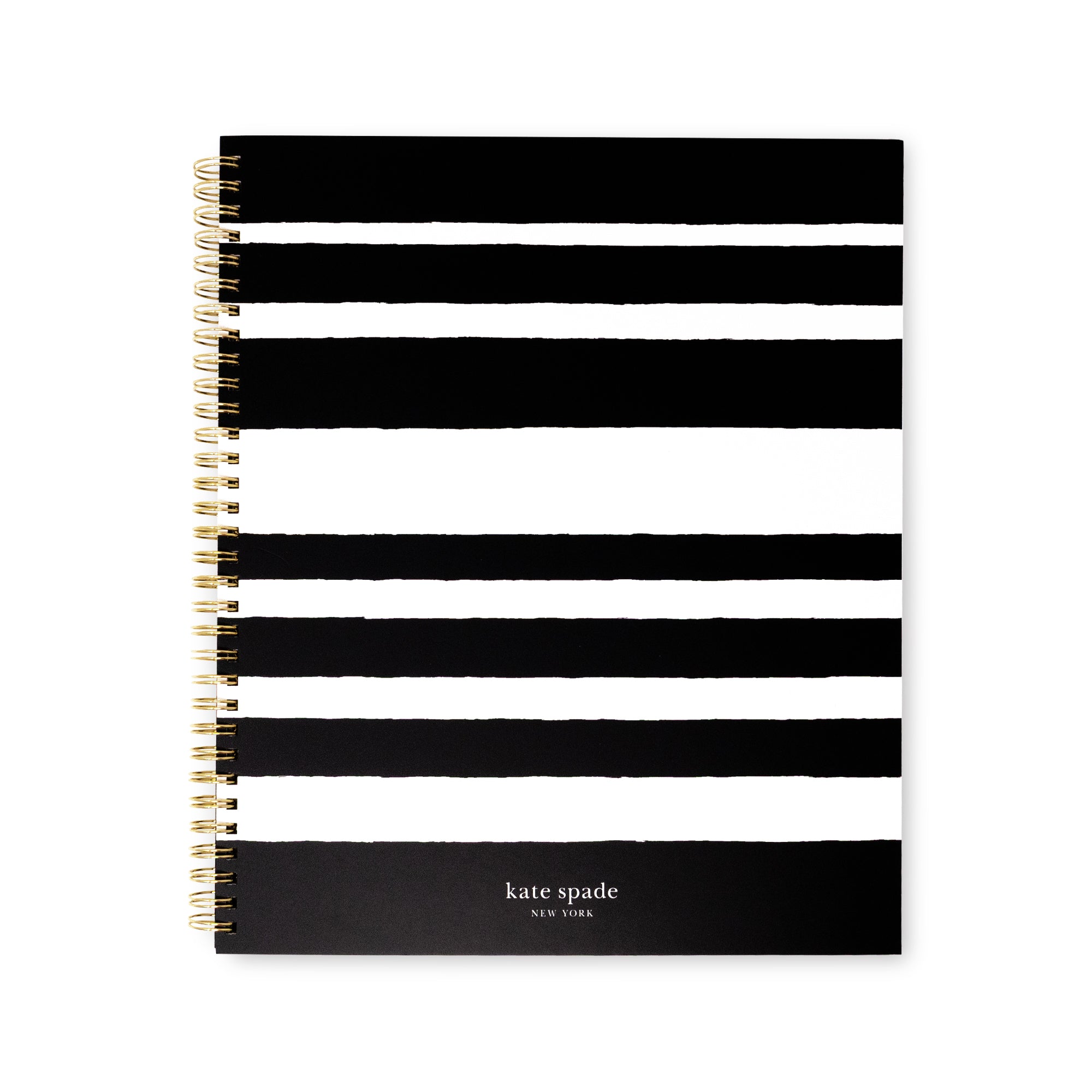 Kate Spade New York spiral notebook with a black and white striped cover, featuring a gold-tone spiral binding and the brand name printed in white at the bottom.