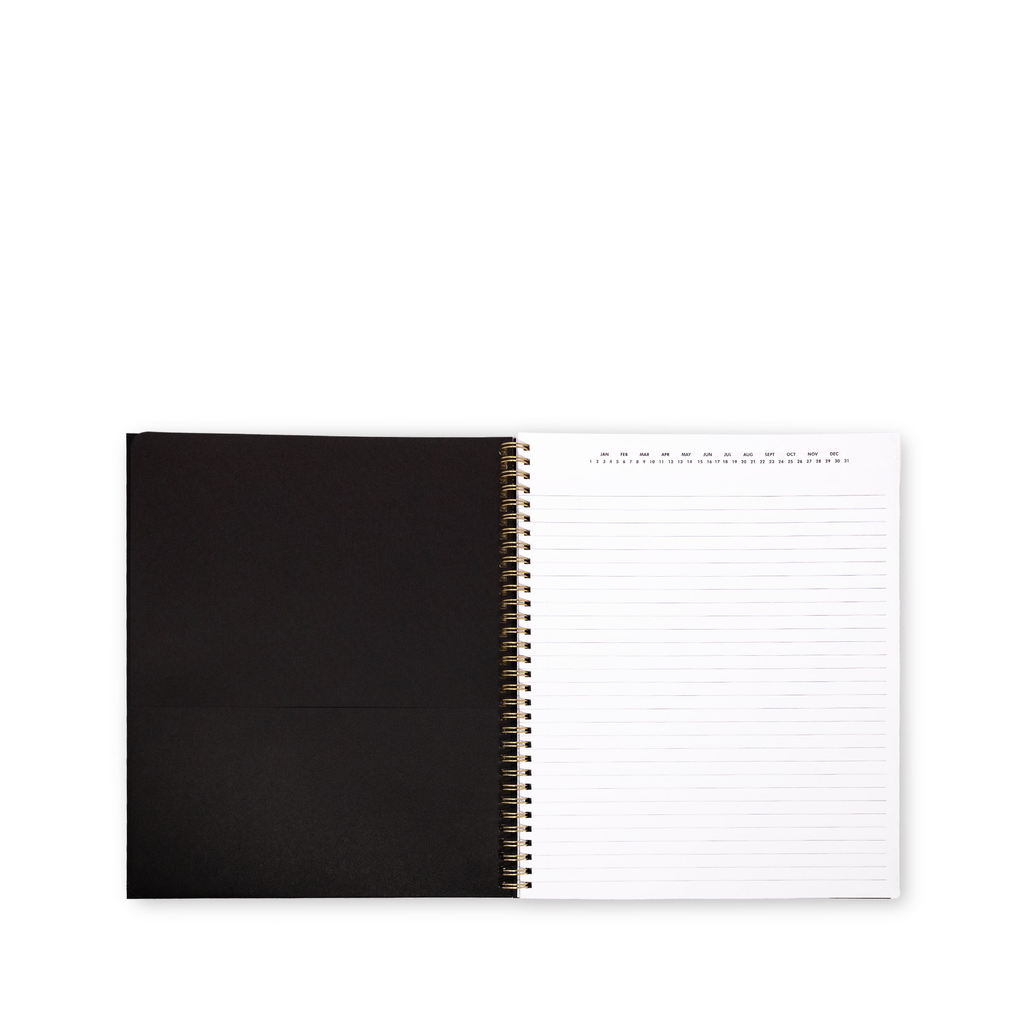 A black spiral-bound notebook shown open, with a blank black cover on the left and lined white pages on the right, photographed on a clean white background.