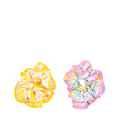 Two scrunchies, one yellow and one pink with floral pattern, on a white background.