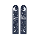 dark blue bookmarks with white text and designs on a white background