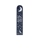 Navy bookmark with white text and graphics on a white background