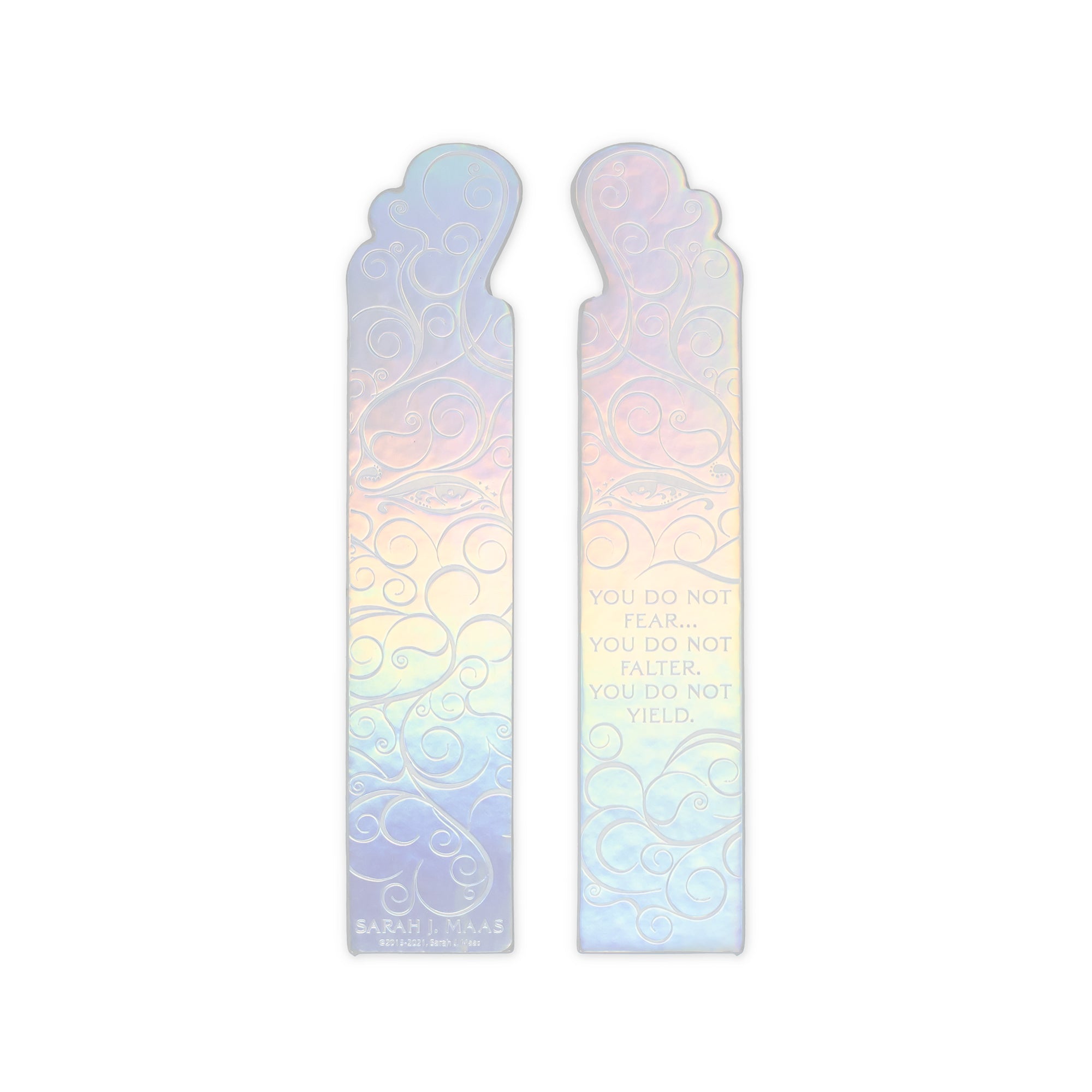 Two iridescent bookmarks with decorative patterns on a white background