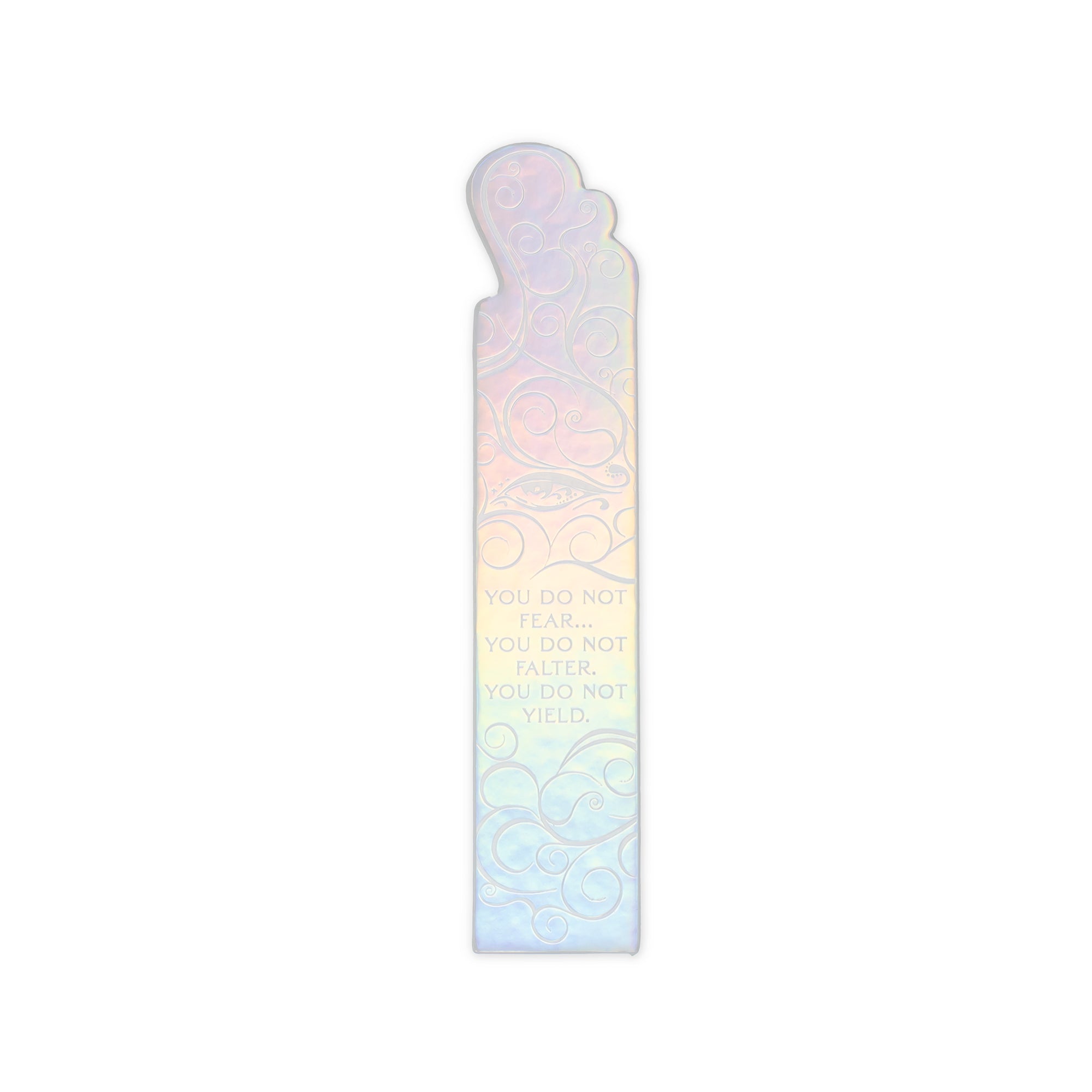 Iridescent bookmark with motivational quote on a white background