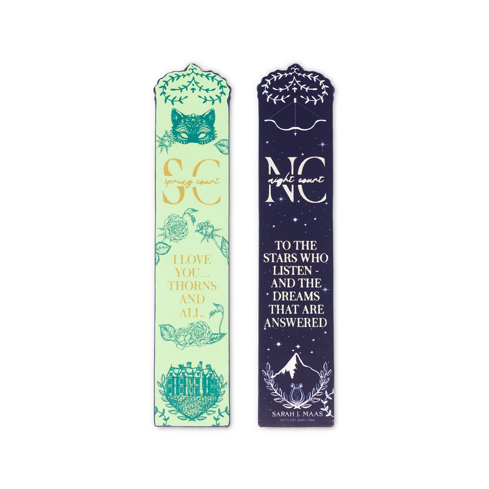Two bookmarks with decorative designs and text on a white background