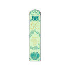 Decorative bookmark with floral designs and text on a light green background