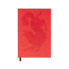 Red notebook with a lion design on a white background