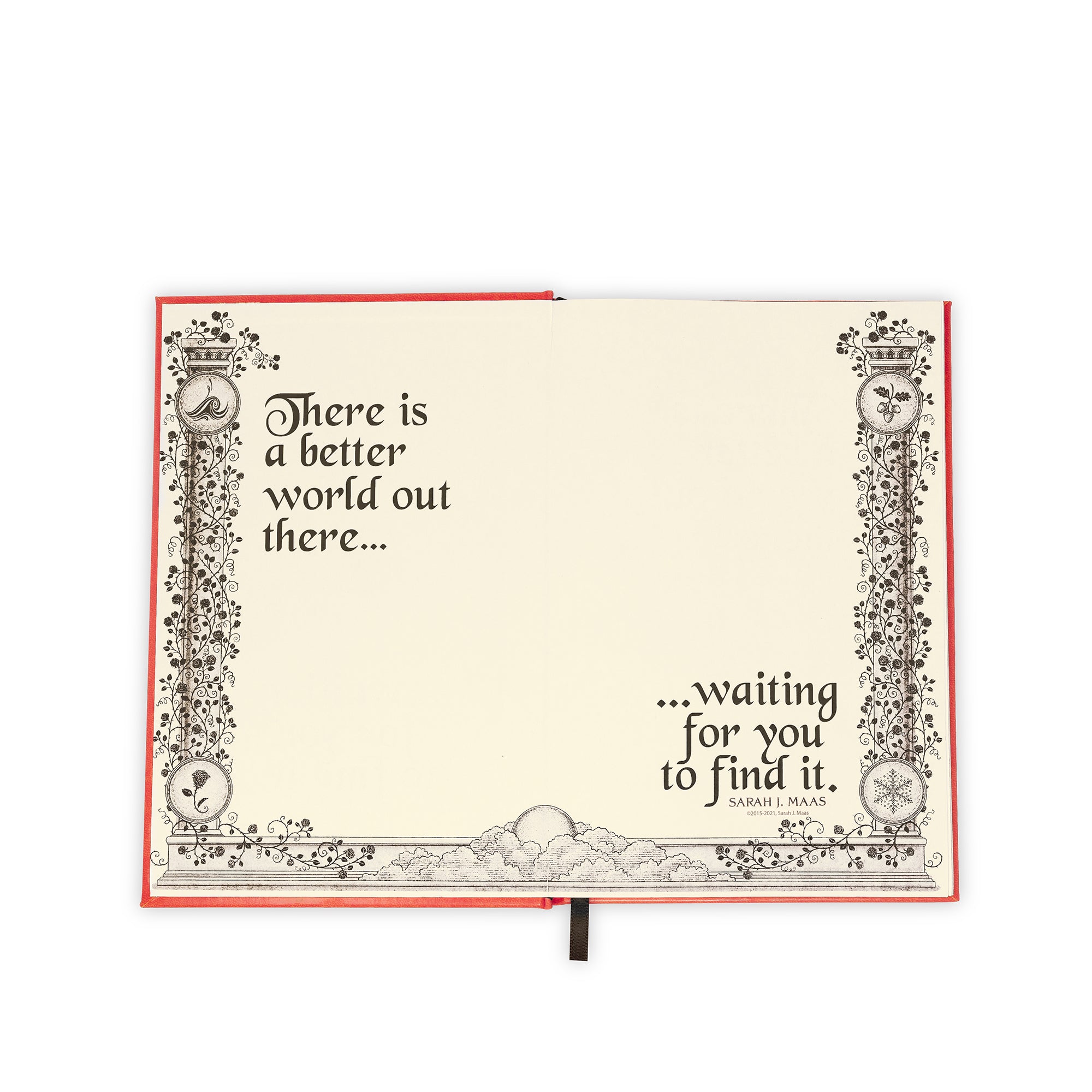 Open book with decorative edges and a quote inside on a white background