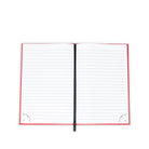 Open notebook with red binding on a white background