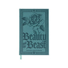 Teal notebook with rose design and 'Beauty and the Beast' text on a white background