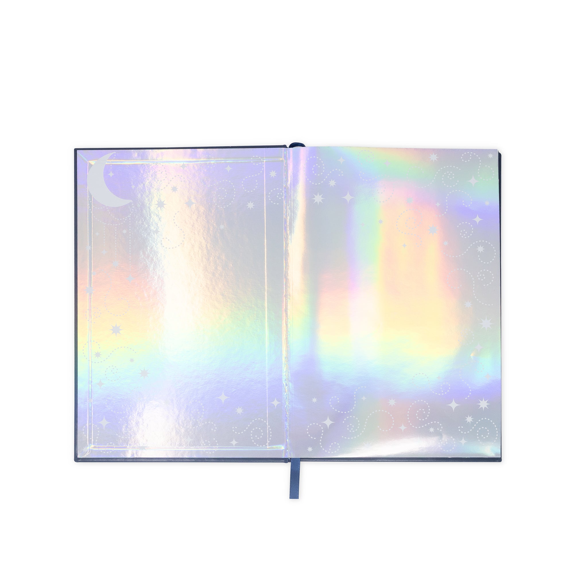Open notebook with a colorful, iridescent cover on a white background