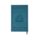 Blue notebook with ship design and text on a white background