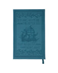 Blue notebook with ship design and text on a white background