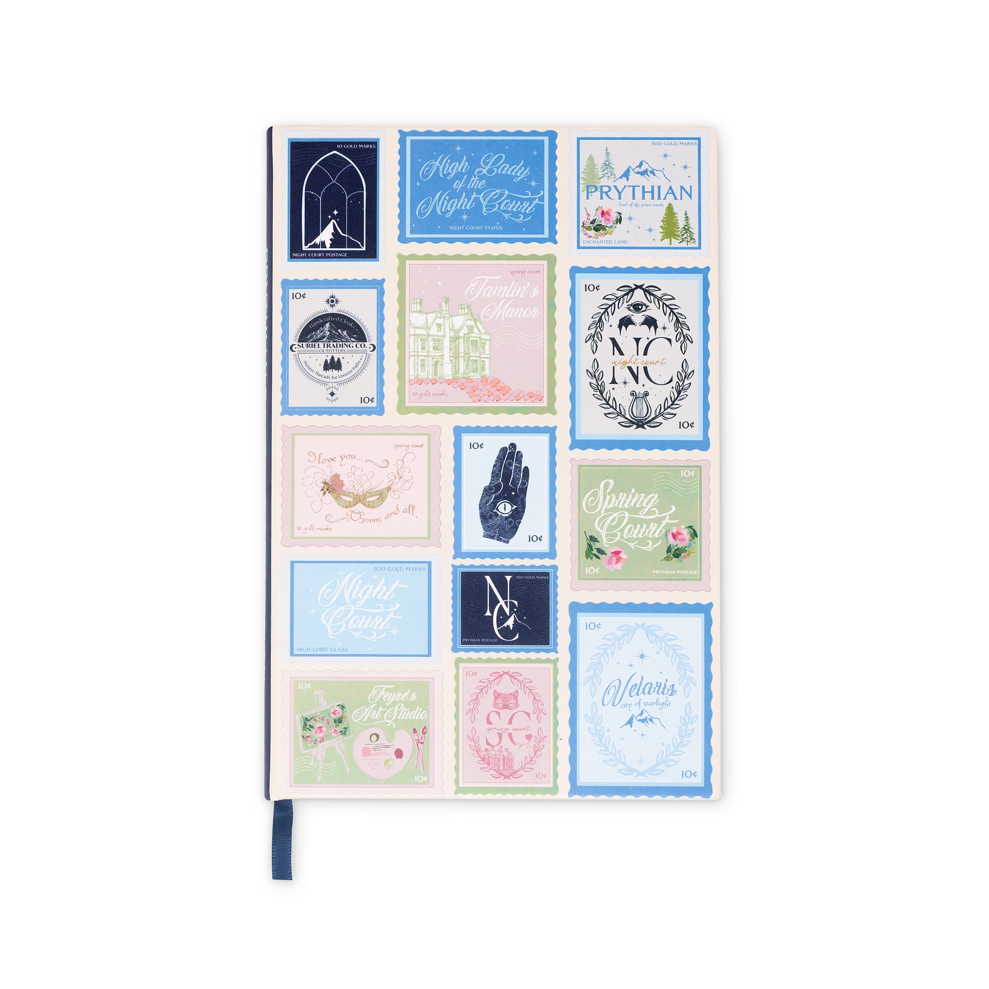 Notebook with decorative cover featuring various designs and text on a white background