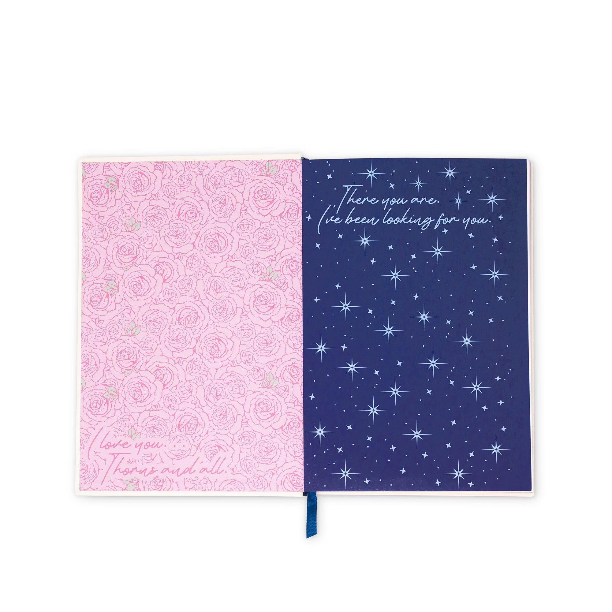 Notebook with pink floral pattern and blue starry night design on white background