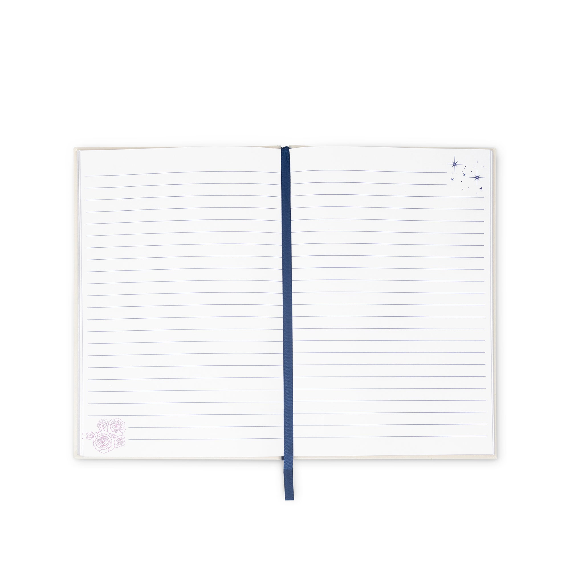 Open notebook with lined pages and a blue ribbon on a white background