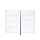 Open notebook with lined pages and a blue ribbon on a white background