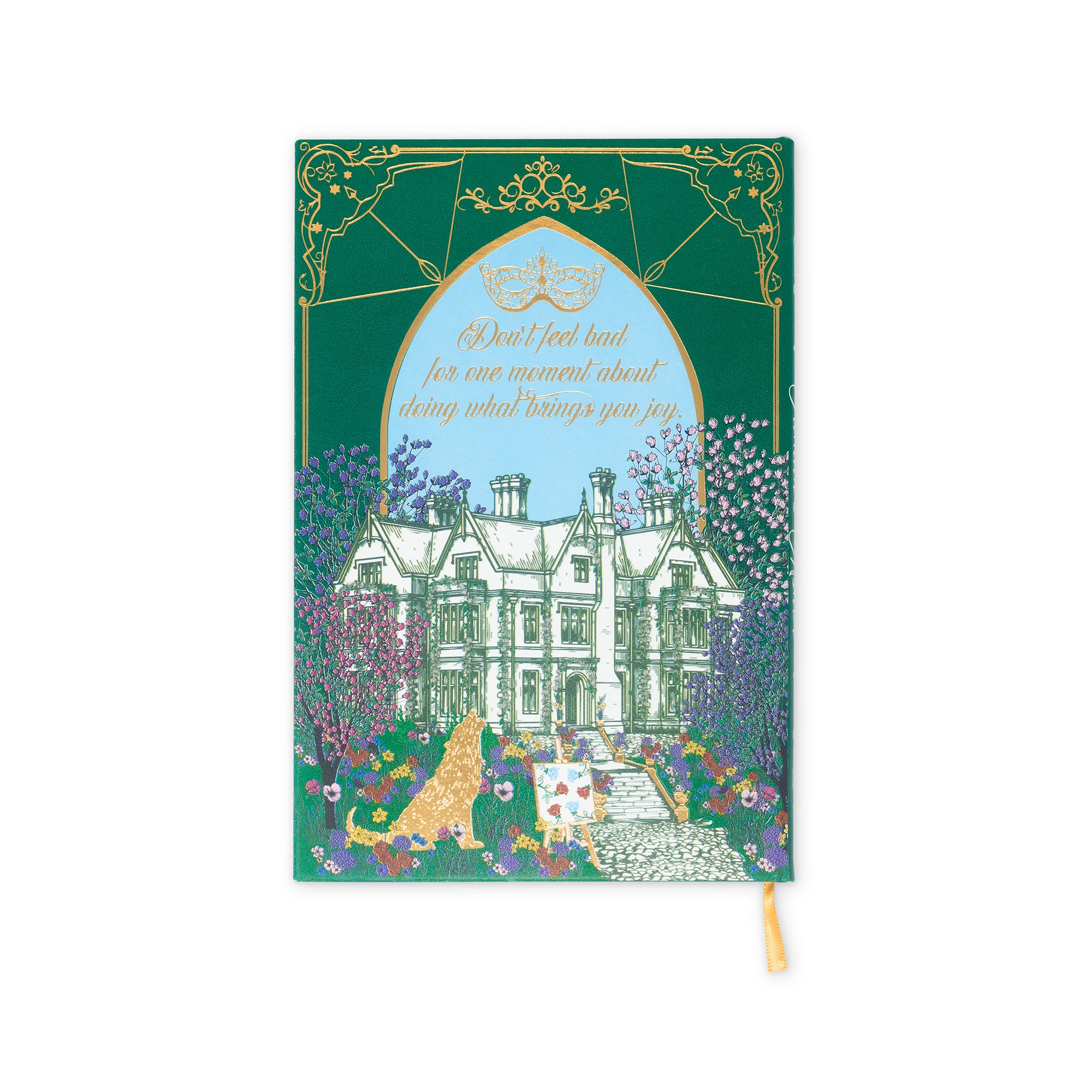 Decorative notebook with a green cover featuring an illustration of a house and garden, on a white background.