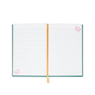 Open notebook with lined pages and a floral design on a white background