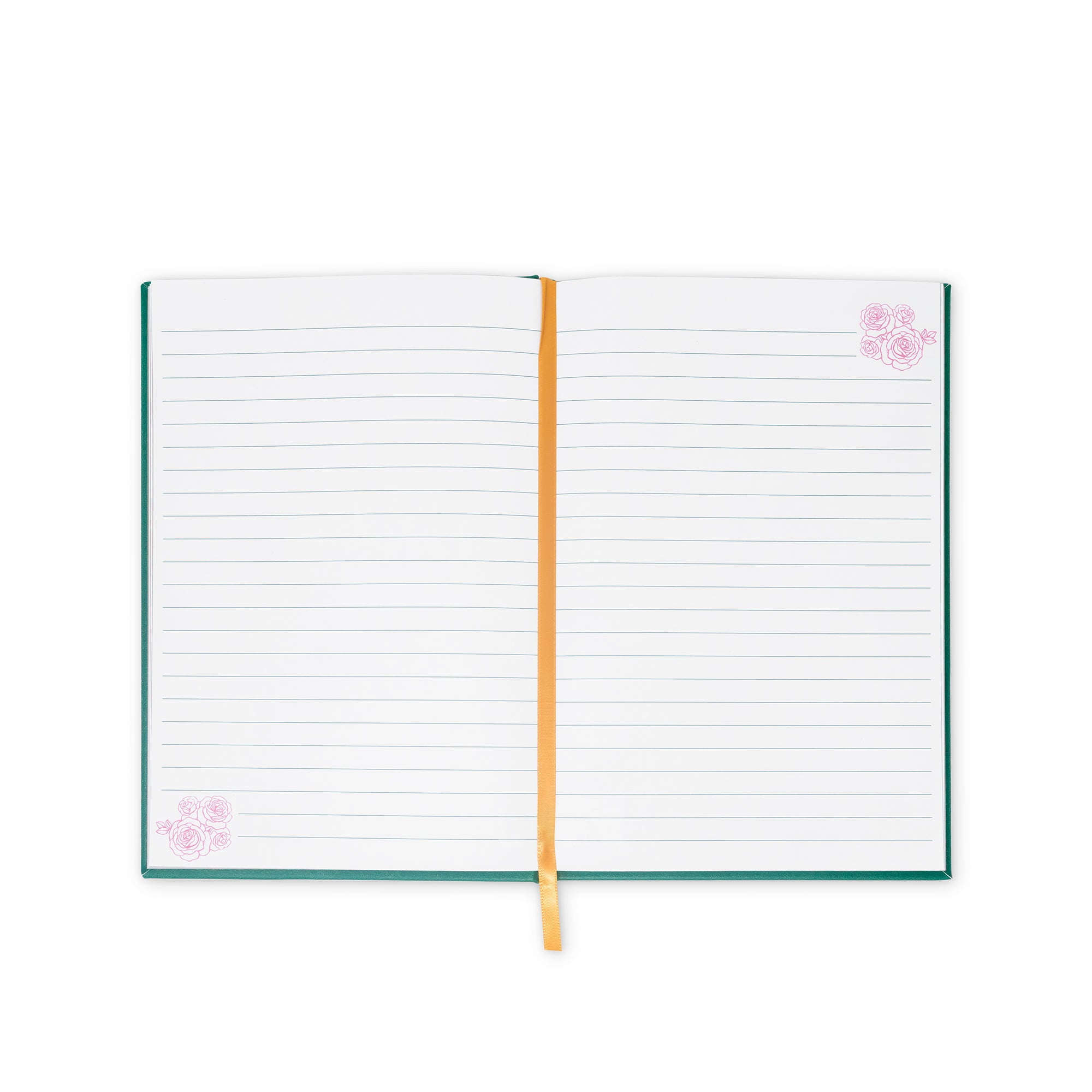 Open notebook with lined pages and a floral design on a white background