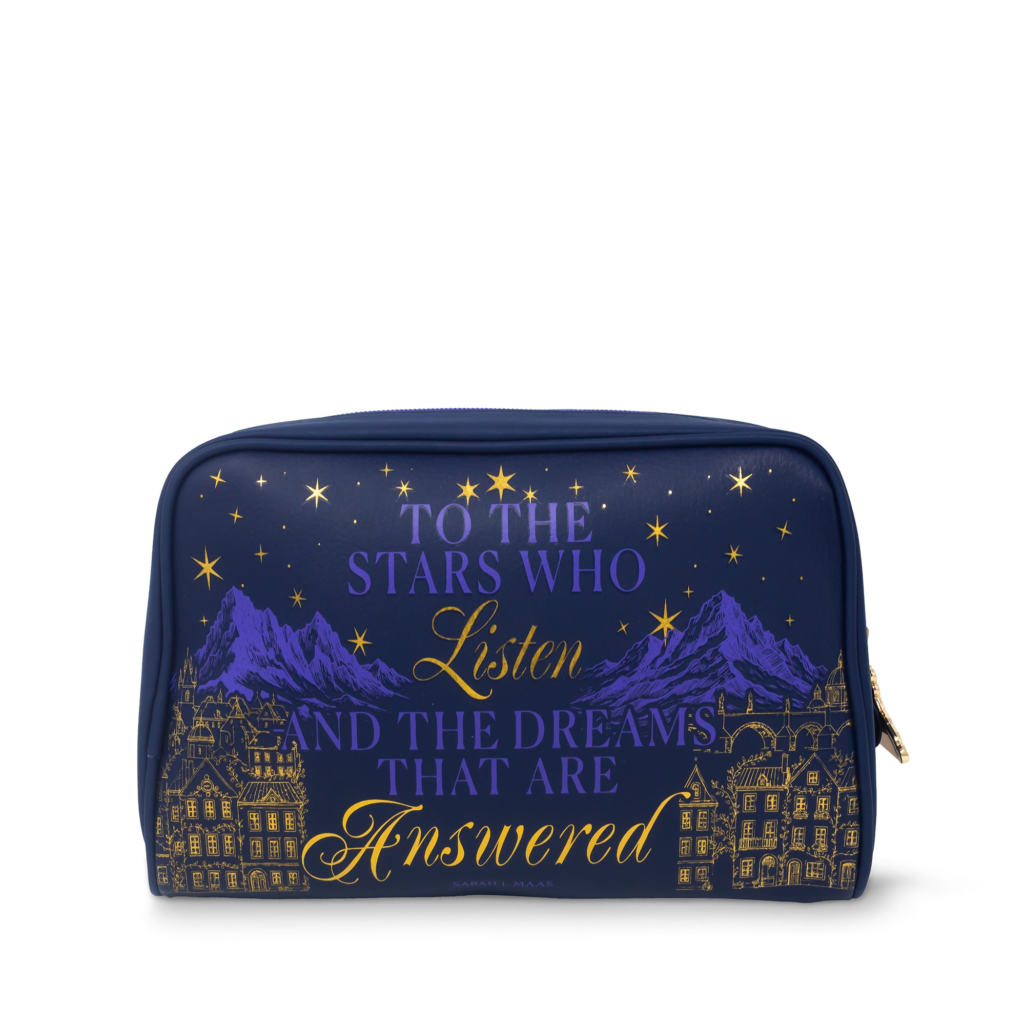 Navy blue pouch with mountain and star design, featuring text on a white background