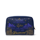 Navy blue pouch with mountain and star design, featuring text on a white background