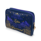Navy blue pouch with gold text and mountain design on a white background